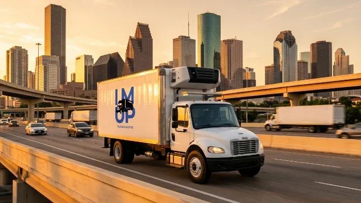 An IM UP Trucking commercial semi-truck driving in front of the Houston skyline