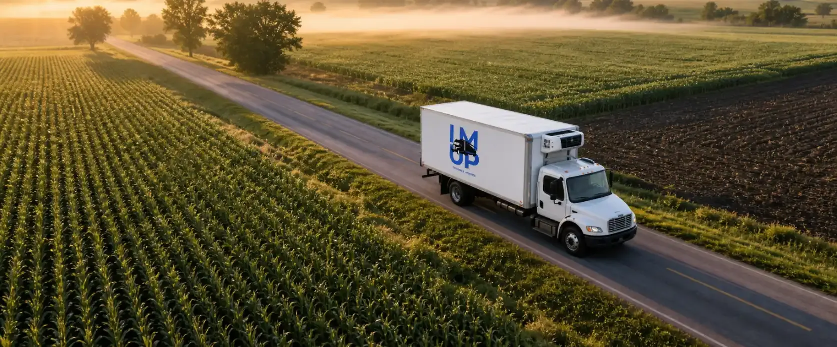 An IM UP Trucking commercial semi-truck driving next to fertile Texas farmland