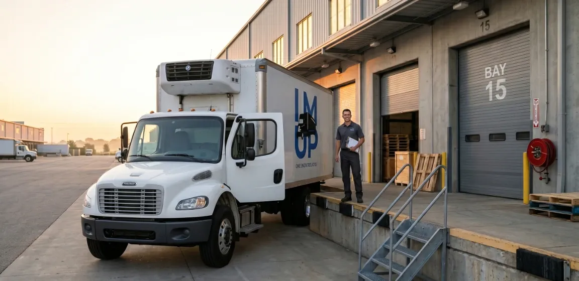 An IM UP Trucking commercial semi-truck backed into a warehouse loading dock during active logistics operations