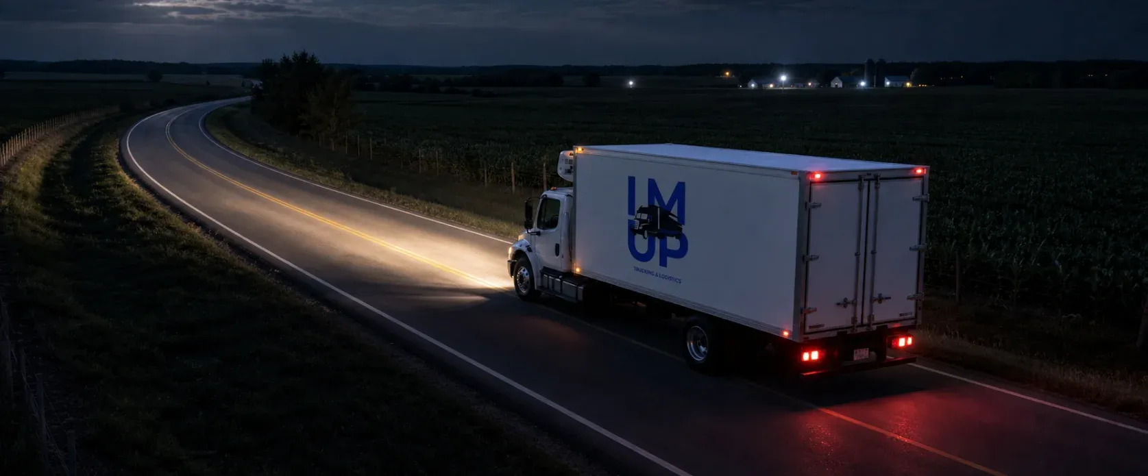 An IM UP Trucking commercial semi-truck driving on a highway at night, representing 24/7 logistics and transportation services