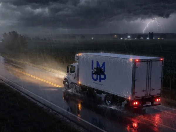 An IM UP Trucking commercial semi-truck driving on the highway under dark storm clouds to rescue a load