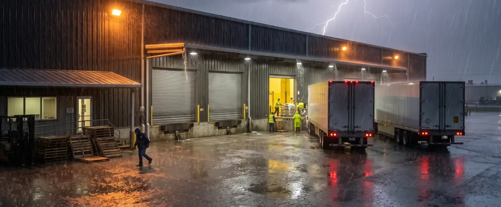 An IM UP Trucking semi-truck parked in front of a warehouse under dramatic storm clouds, ready for freight rescue dispatch