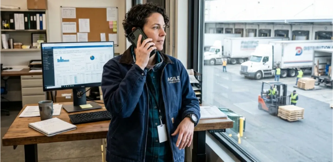 A customer support agent speaking on a headset, coordinating shipping and freight dispatch operations