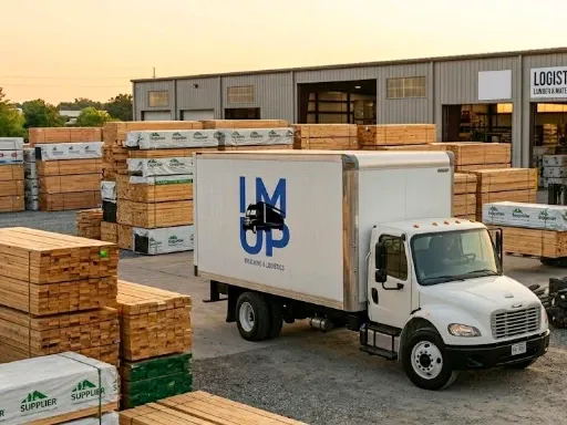 An IM UP Trucking commercial semi-truck loading dry van freight at a lumberyard